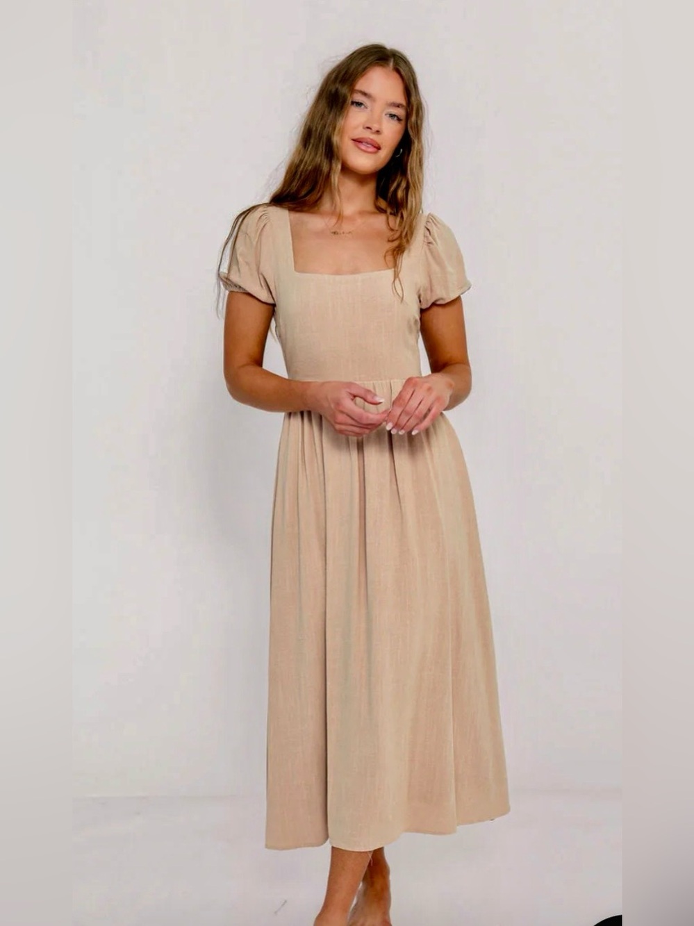 NWT. Worth Collective Square-Neck Midi Dress with Puff Sleeves in Taupe. medium.